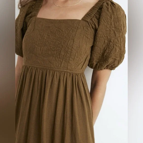 Madewell Tiered Midi Dress Quilted Hemp Blend Olive Green NH112 Size 10 Boho - Picture 5 of 15